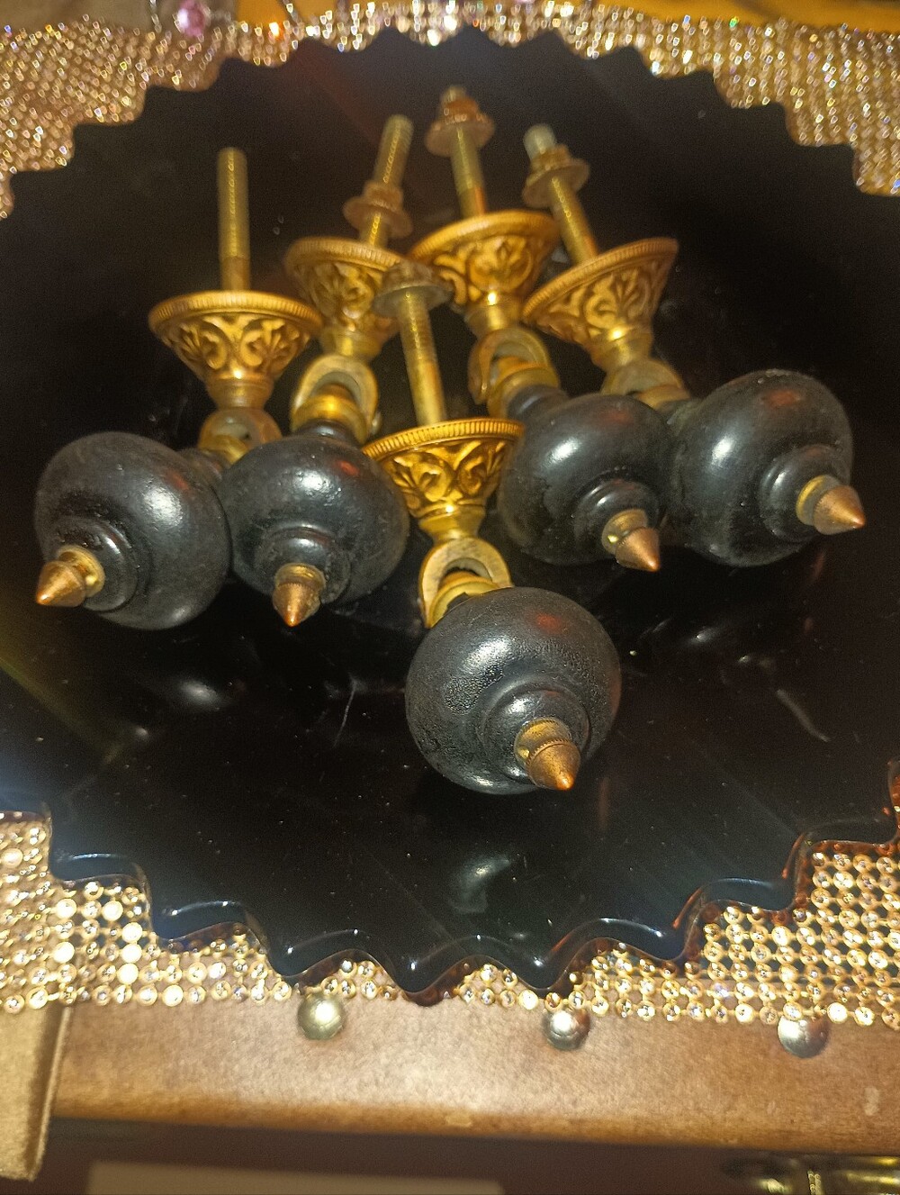Lot of 5 Antique Eastlake Teardrop Drawer Pulls Victorian Ebonized Wood Brass